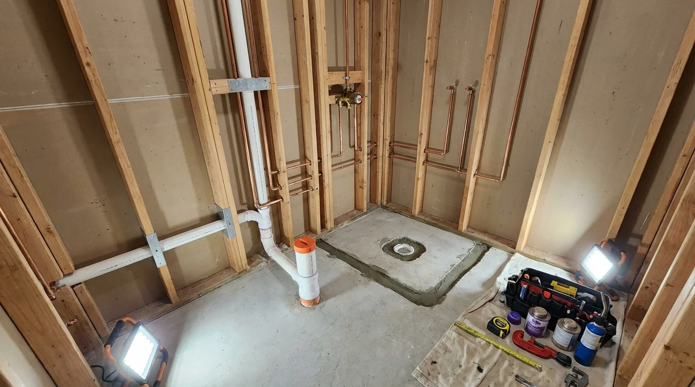 Bathroom rough-in plumbing during remodel by Johns Plumbing LLC in Evans City