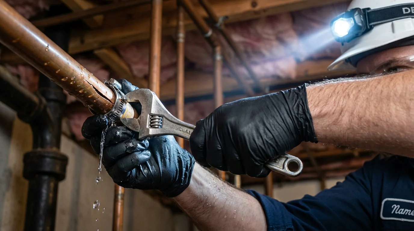 Emergency pipe clamp repair being performed by a Johns Plumbing LLC plumber in Evans City