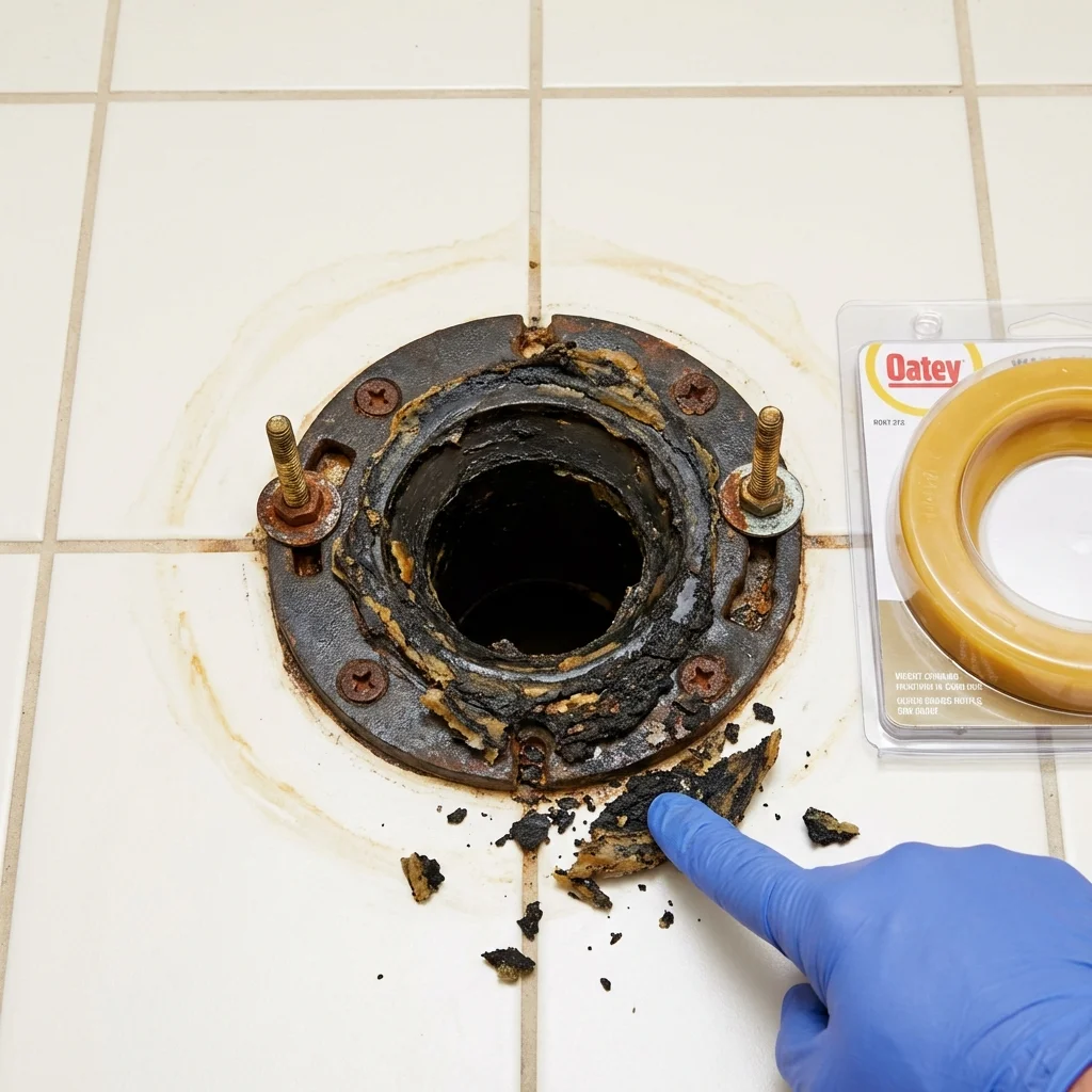 Failed wax ring showing water seepage at the base of a toilet in a Evans City, PA home