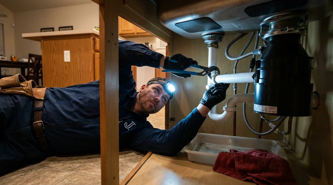 P-trap and supply line connections under a kitchen sink showing a common leak point in Evans City, PA